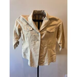 Emma James Petite blouse Beige Button Front Roll Sleeve 6P